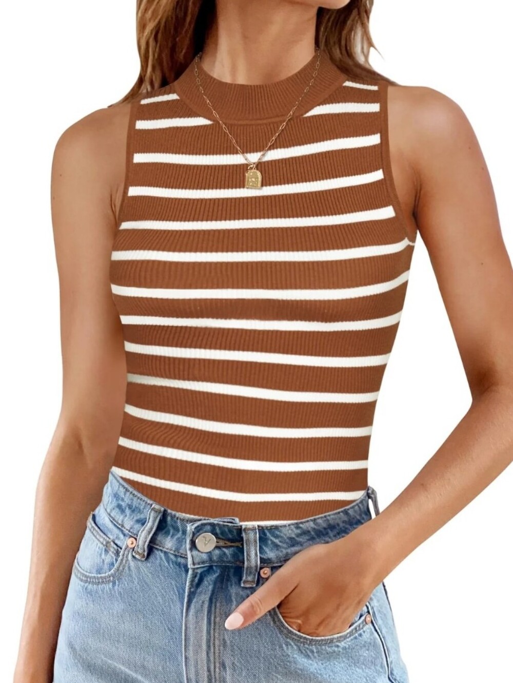 Zesica brown and white striped ribbed high-neck sleeveless knit tank top. New XL
